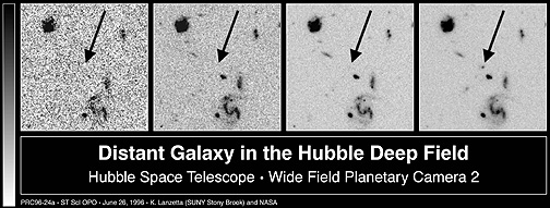 A Deep Field view of distant galaxies, with attention focused on one that appears or is not visible at wavelengths from the UV to the IR.